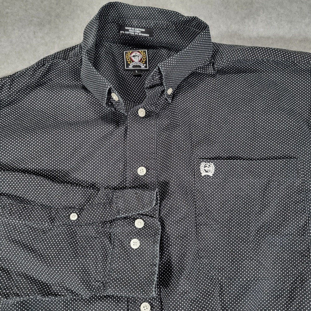 Cinch Long‎ Sleeve Button Up Shirt Men's Large Black Polka Dot